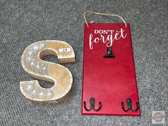 2 wooden decor - wooden "S" 8.25"hx7"wx1.5"d and wall clipboard w/hooks 13.5"hx6.75"w