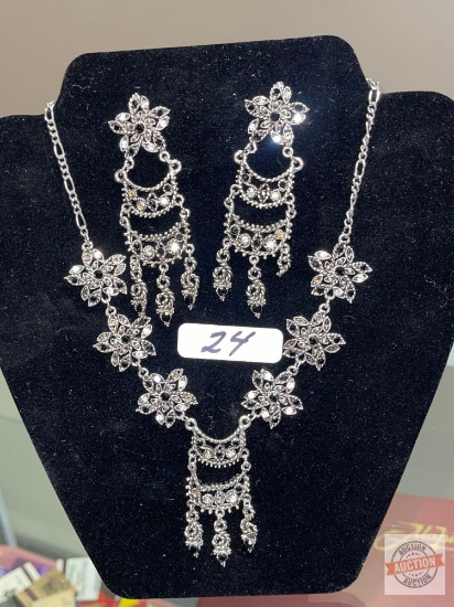 Jewelry - Rhinestone costume necklace with matching earrings, missing a dangle on earring
