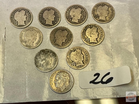 Coins - 10 Dimes, 9 Barber, 1 Roosevelt