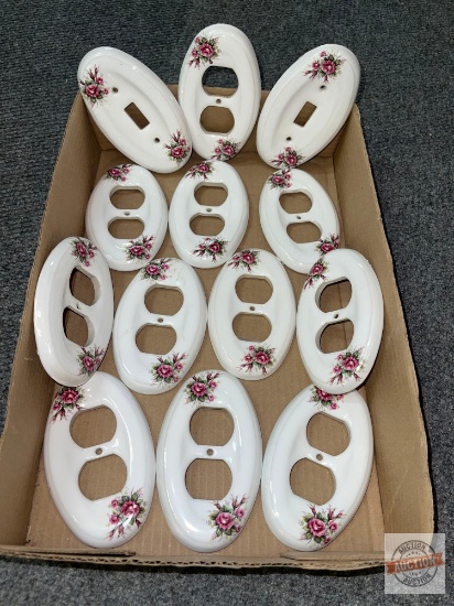 Porcelain oval switch & outlet plates, floral motif, 13