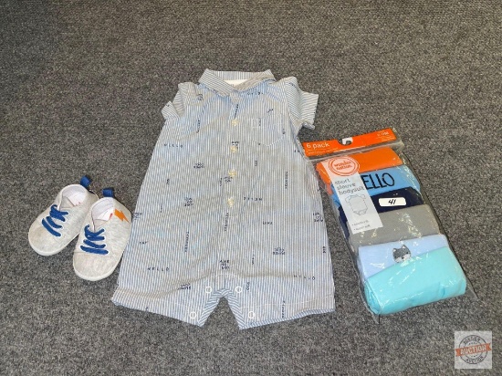 Baby Boy Jumper, Carter's sz. 6 month, Shoes and 6ct pkg short sleeve body suits