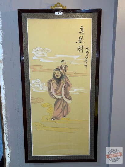 Asian artwork, 35"hx17.5"w, with metal corner and hanger
