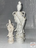 Asian statues - 2 Quan Yin, Asian goddess of compassion & mercy holding lotus flowers, 7.5