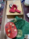 Asian Decor - Doll, pillow case, Box, oval containers, 1 lid