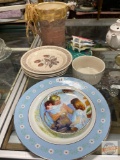 Dish ware - Mother's Day plates, Homer Laughlin dessert plates, pitcher and 3 vintage tea bag holder