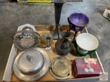 Metal ware serving ware, coasters, napkin rings, vases, open weave basket etc.