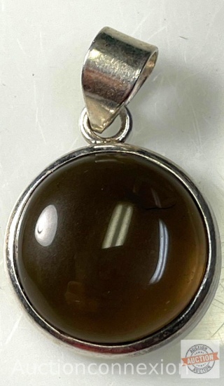 Jewelry - Smokey Quartz round cabochon pendant gemstone in .925 silver bezel