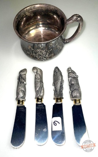 Vintage silver plate cup w/4 pewter handled spread knives