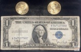 Currency - 1935 $1 Silver Certificate and 2 - 2000 Sacagawea Golden dollars
