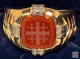 Jewelry - Ring, Danbury Mint, Jerusalem Cross Diamond Intaglio ring, Carnelian gemstone & 8 diamonds