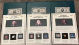 Historic US Currency Folio, with 3 US Bills, honoring 3 presidents with coins and stamps