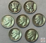 US coinage - 7 Silver Dimes, 1938, 1945 Mercury dimes