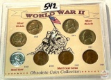 WWII Obsolete Coin Collection in slab case - Silver, Steel, Shell case