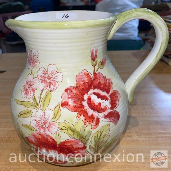 Large Rose Bouquet floral motif pitcher, 9.75"hx8"w