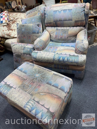 Furniture - Large upholstered Wingback chair, matching ottoman and 4 pillows, RC Willeys 1993