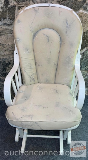 Glider Rocking chair, "Dutailier" made in Canada, white with removeable chair pads