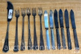 Vintage Flatware - 12 pcs, Reed & Barton knife, 5 National silver plate Meat forks & 6 Towle & Sons