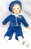 Doll - Porcelain Collector Doll, Boy, blue outfit with hat, 15