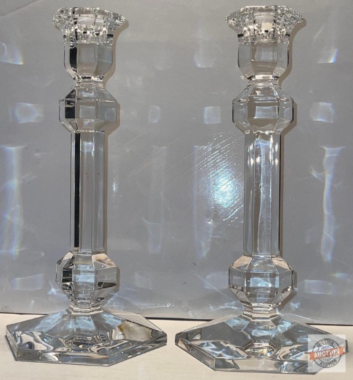 Pair Crystal candlesticks, Val St. Lambert, 9.5"h Belgium Fine Crystal Galatee pattern