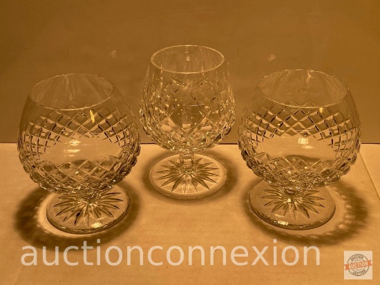 3 brandy stemware glasses, 1 marked Waterford