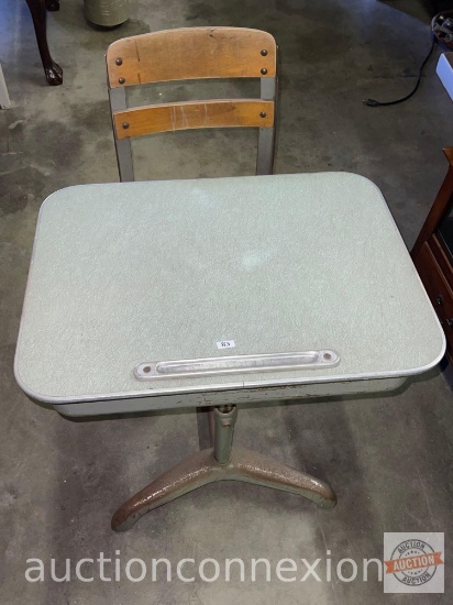 Vintage school desk, lift top, swivel chair, metal base