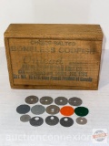 Vintage dovetailed boneless codfish box and tokens
