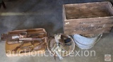 Vintage tools, gardening, pail and wooden box