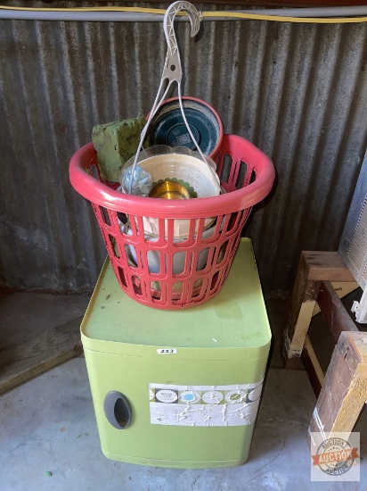 Room Essentials Modular Cabinet, green, 17"hx15"wx16.5"d and misc. 2 laundry baskets 16"w and garden