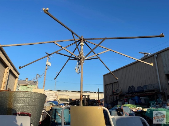 Marble umbrella stand 20x20 (1 corner cracked/broke) with market umbrella bones, no cover