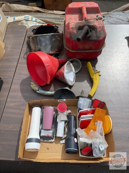 Flashlights, reflectors, vintage gas can, oil spout, funnels etc.