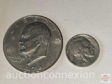 Coins - 1974 Eisenhower $1 and 1937 Buffalo, Indian Head Nickel