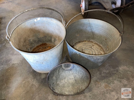 2 Vintage Galvanized Farmhouse pails with bail handles and large galvanized funnel