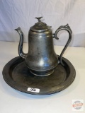 Vintage Pewter - 2 - Coffee pot 9.5'h and Round tray 12
