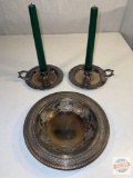Metal ware - International Silver Co. Dish and 2 candlesticks Wm. Rogers Onieda