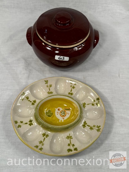 Bean pot with lid 6.5"w and Italy egg plate 8.75"wx9.25"w