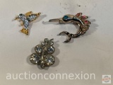Jewelry - 3 lapel pins, Swordfish, Hummingbird, Clear stone Dragonfly