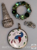 Jewelry - 3 - Karu Brooch (no pin), Vintage shoe clip missing a few rhinestones etc.