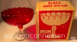 Ruby Red pedestal dish, Indiana Glass Co., original box