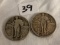 Lot of 2 Pieces Collector Vintage 1927 Standing Liberty Quarters US 25c Silver Coins