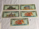 Lot of 5 Pieces Collector  Disney Dollars Paper Money $1, $5 and $10 Paper Money