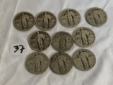Lot of 10 Pieces Collector Vintage Dates (erase) Standing Liberty Quarters US 25c Silver Coins