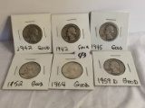 Lot of 6 Pieces Collector Vintage 1940's -1950's Washington Quarter 25c US Coins