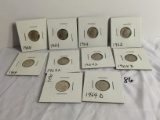 Lot of 10 Pieces Collector Vintage 1960's Roosevelt Silver Dime US 10c Dime Coins