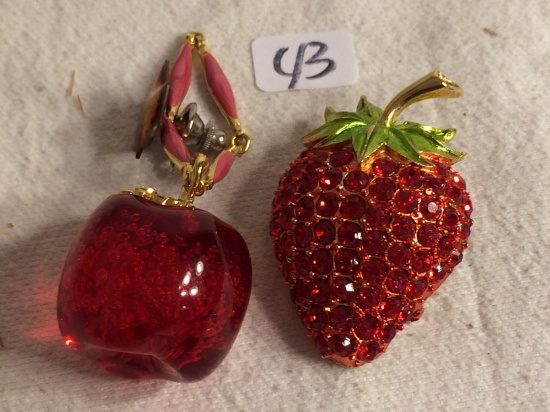 Lot of 2 Collector Ladies Fashion jewelry Gold Plated Apple & Strawberry Design