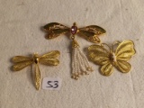 Lot of 3 Collector Ladies Fashion Jewelry Brouche Gold Plated Dragon Fly & Butterfly Design