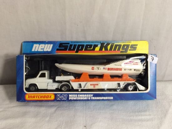 Collector NIP Vintage Matchbox Superkings K-27 Miss Embassy PowerBoat & Transporter 10.5"W by 3.5"TB