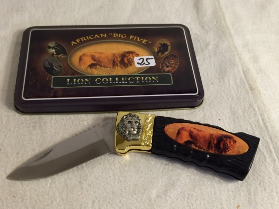 Collector African Big Five " Lion Collection 4.5" Long Pocket Folded Stainless Knife