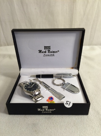 Collector New Mark Naimer Zenith Watch Silver Plated Gift Set W/Key Chain Pen Flashlight