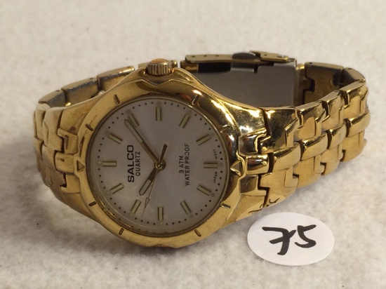 Collector Used Men's Watch salco Quartz Stainless Steel Gold Color Wristband Watch - See Photos