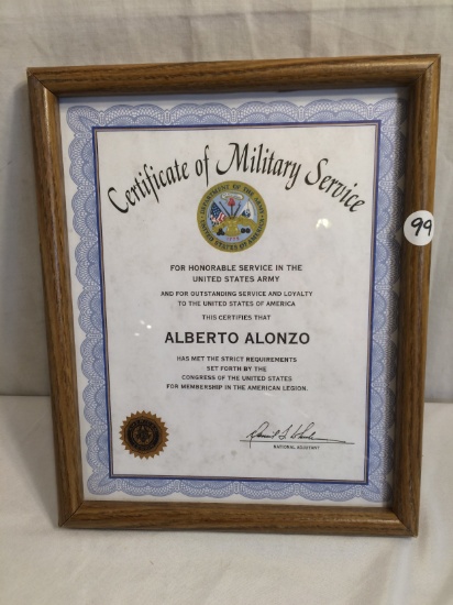 Collector American Legion Certificate Of Military Service  "Alberto Alonzo" in Wood Frame
